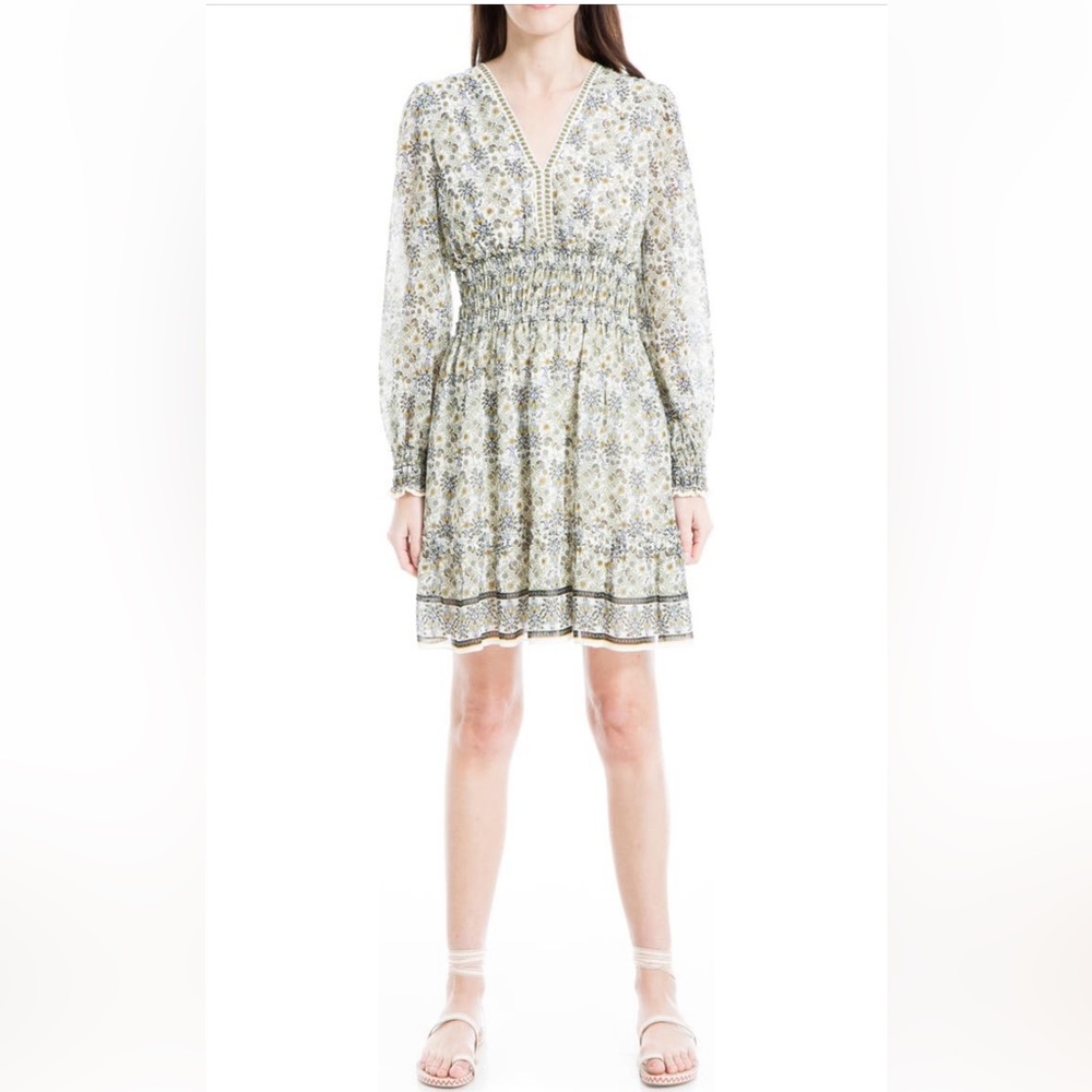 MAX STUDIO NWT Geometric Navy Lime Yellow Floral Smock Waist Dress Sz Me…